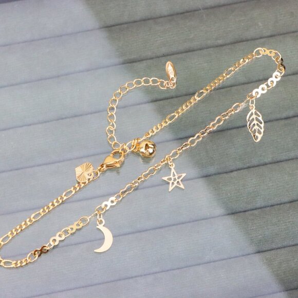 "Rose Gold Moon & Star Anklet with Leaf Charm, XPAL1182 - Picture 1 of 12